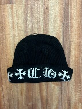 Black Knit Beanie with White Gothic Pattern